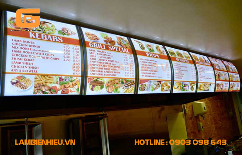 Mẫu biển hộp đèn siêu mỏng menu thể hiện sự chuyên nghiệp và sang trọng cho nhà hàng quán ăn